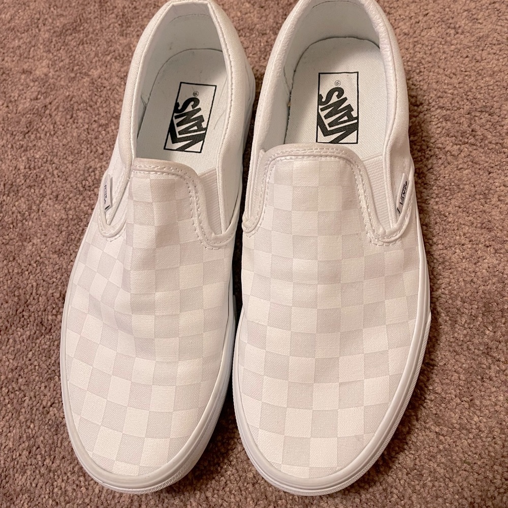 White checkered slip on vans